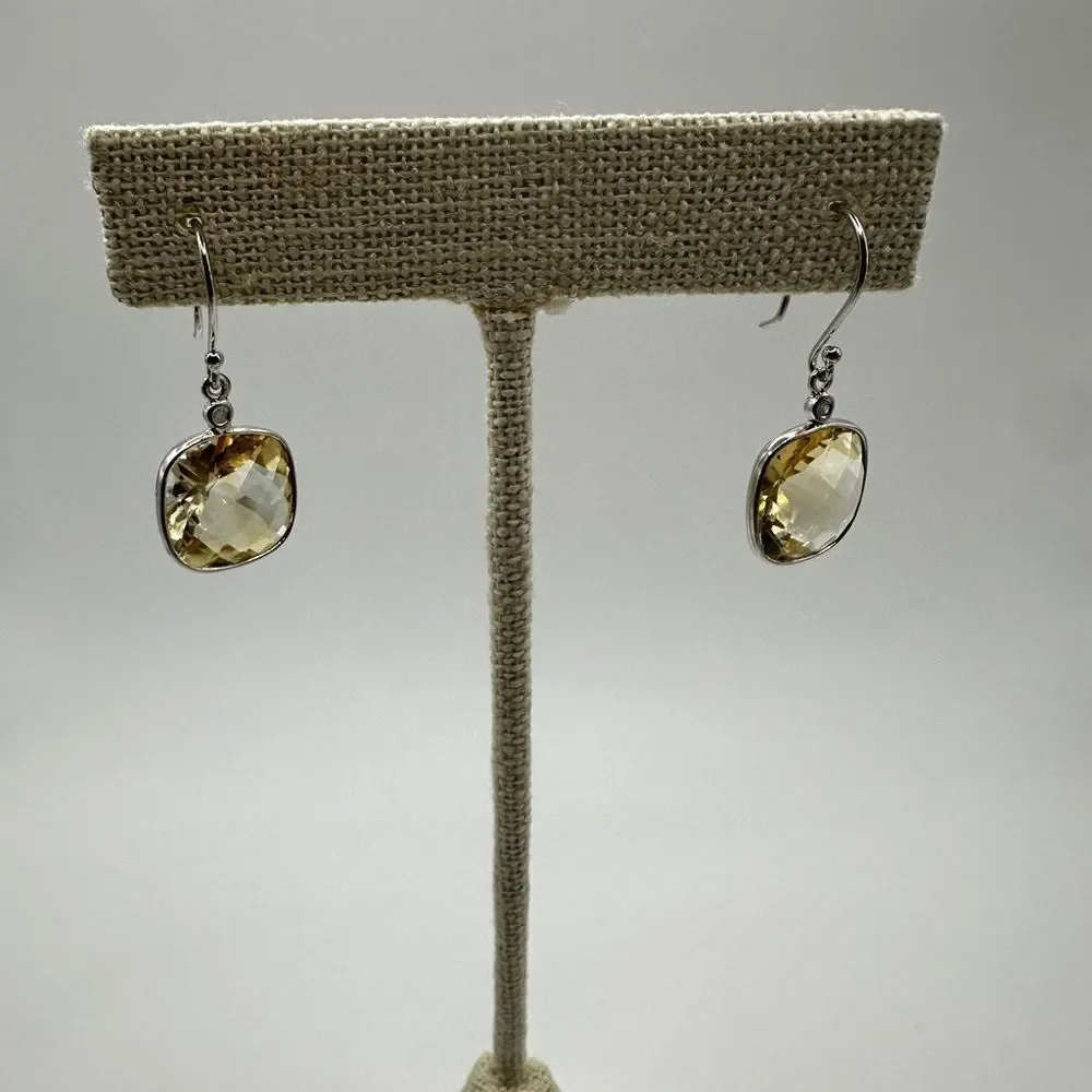 7.11cts faceted checkerboard cushion cut citrine on 925‎ dangle earrings!
